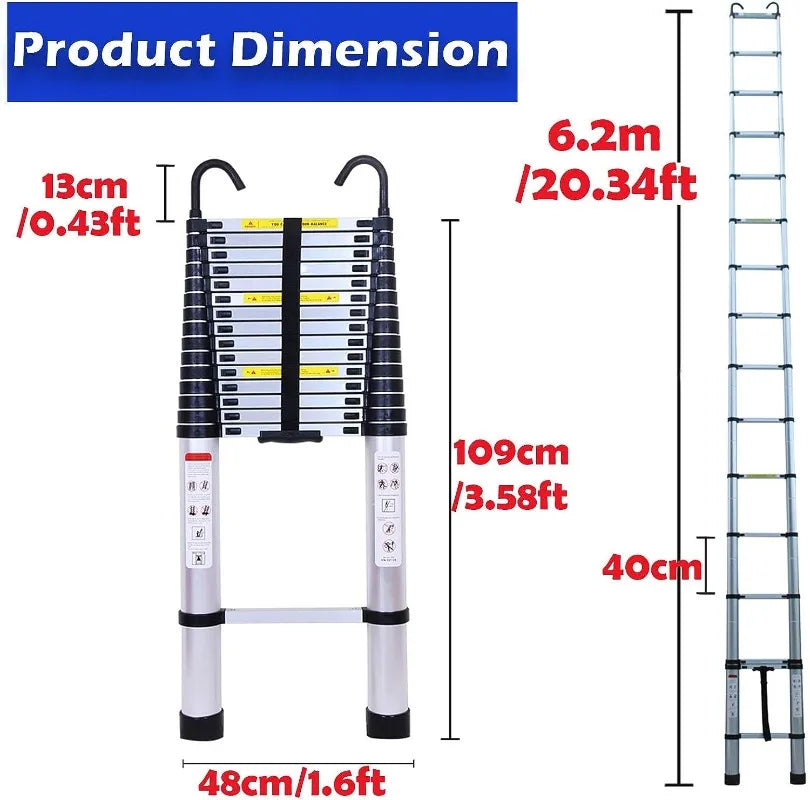 20ft 6.2M Aluminum Telescoping Ladder, w/ 2 Detachable Hooks, Anti-Slip Rubber Feet, 330lbs Max Capacity