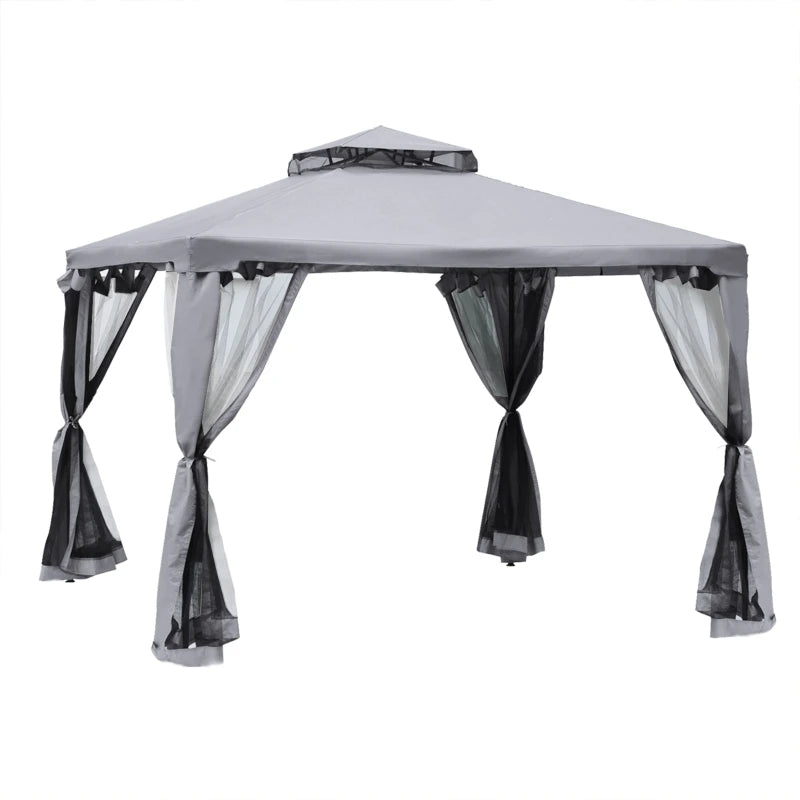 9.6'x9.6' Terrace Gazebo: 2-Tier Roof Canopy, Steel Frame, Mosquito Net, Grey, Outdoor Party Tent