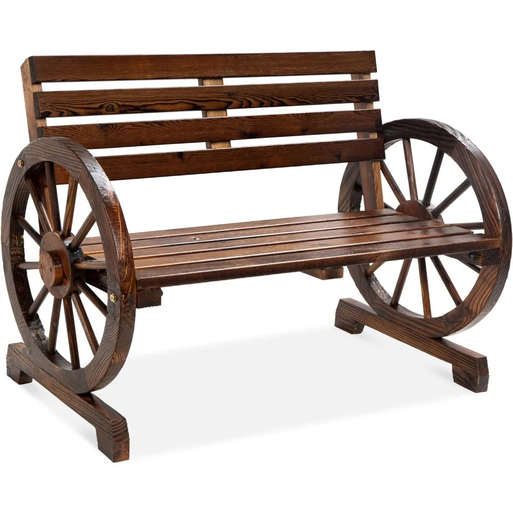 Rustic Wooden Wagon Wheel Bench: Outdoor Lounge Furniture for Backyard, Porch, Garden