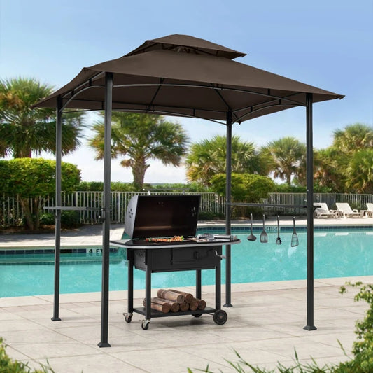 Burgundy BBQ Haven: 8x5 Ft Outdoor Grill Gazebo Tent w/ Double Tier Canopy, Steel Frame, Bar Counters