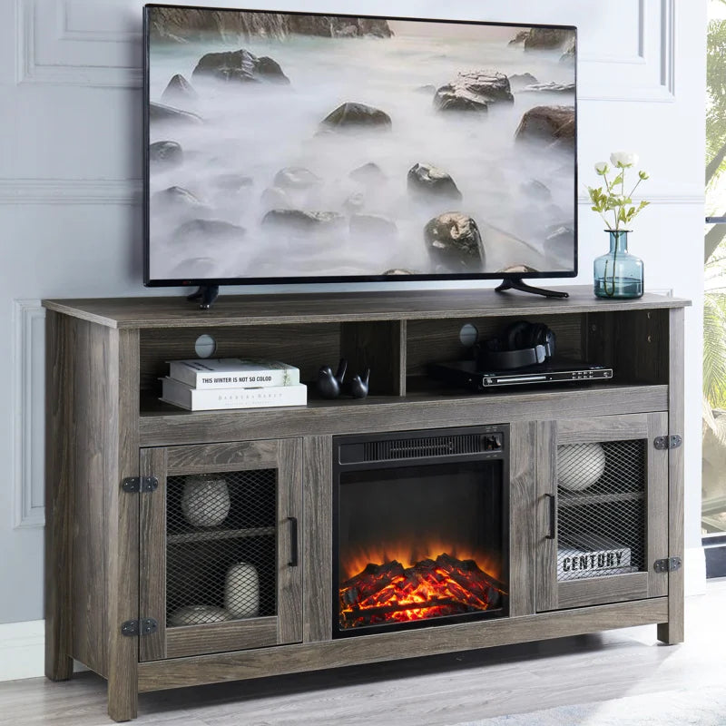 TV Stand w/ Electric Fireplace - Fits up to 65" Flat Screen, Storage Cabinet, Adjustable Shelves