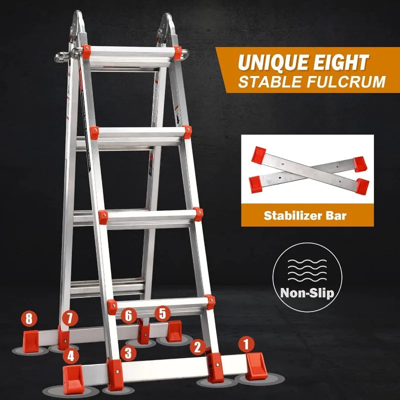 A Frame 4 Step Extension Ladder, 17 Ft w/ Multi Position & Removable Tool Tray w/ Stabilizer Bar