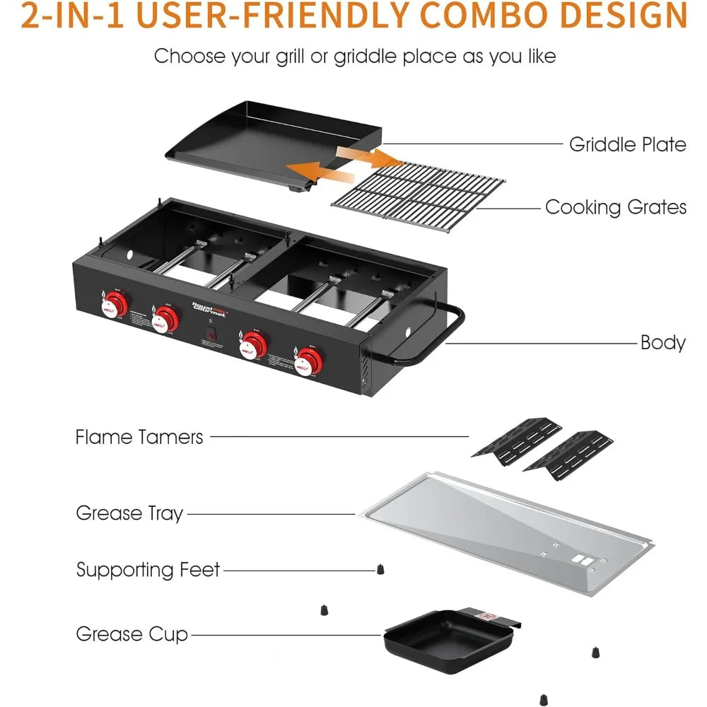 4-Burner Tailgater Grill & Griddle Combo, Portable Propane 2-in-1 Combo Design