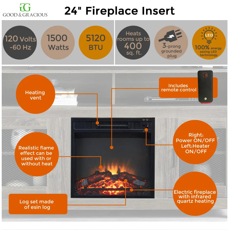 TV Stand w/ Electric Fireplace - Fits up to 65" Flat Screen, Storage Cabinet, Adjustable Shelves