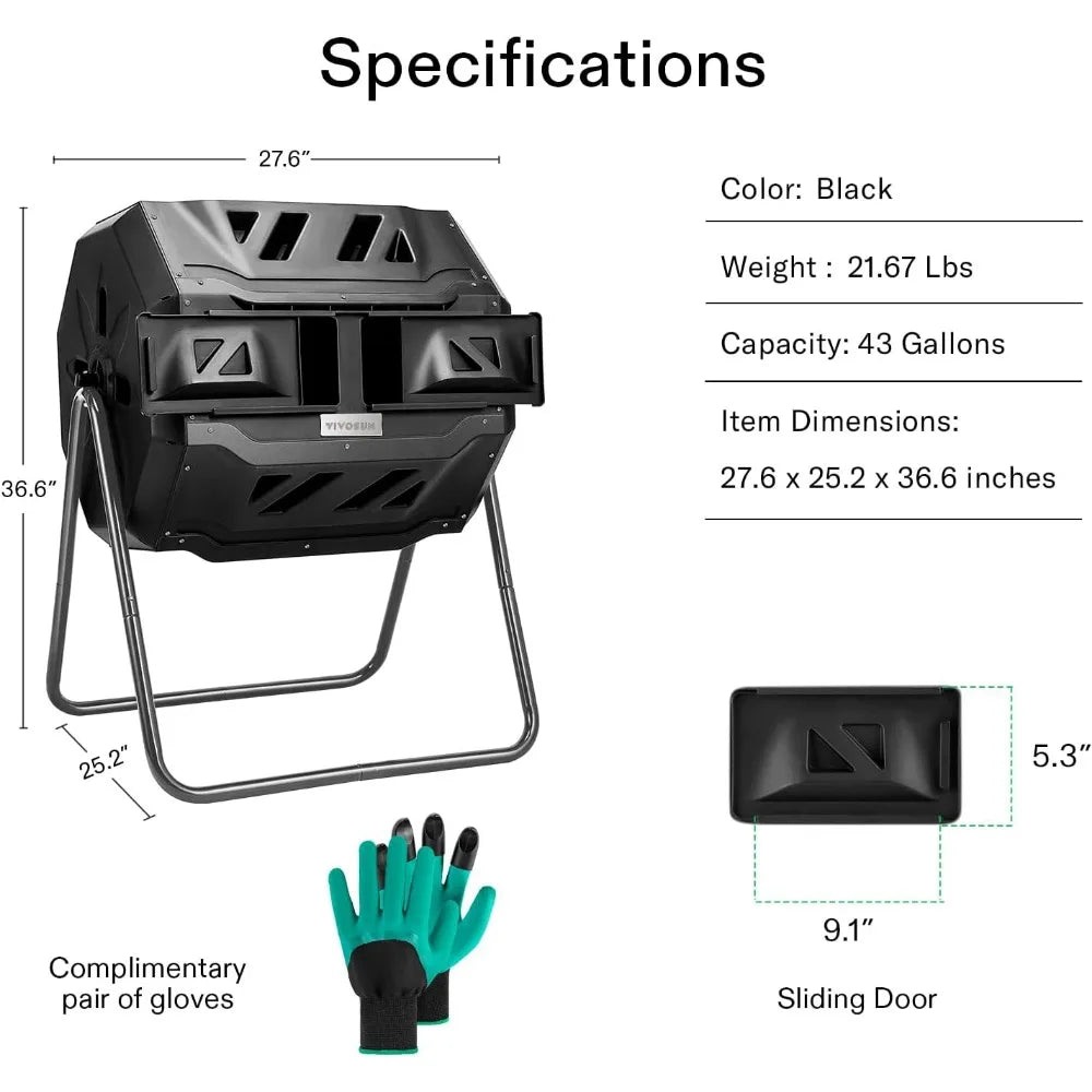 Outdoor Tumbling Composter Dual Rotating Batch Compost Bin, 43 Gallon  Door