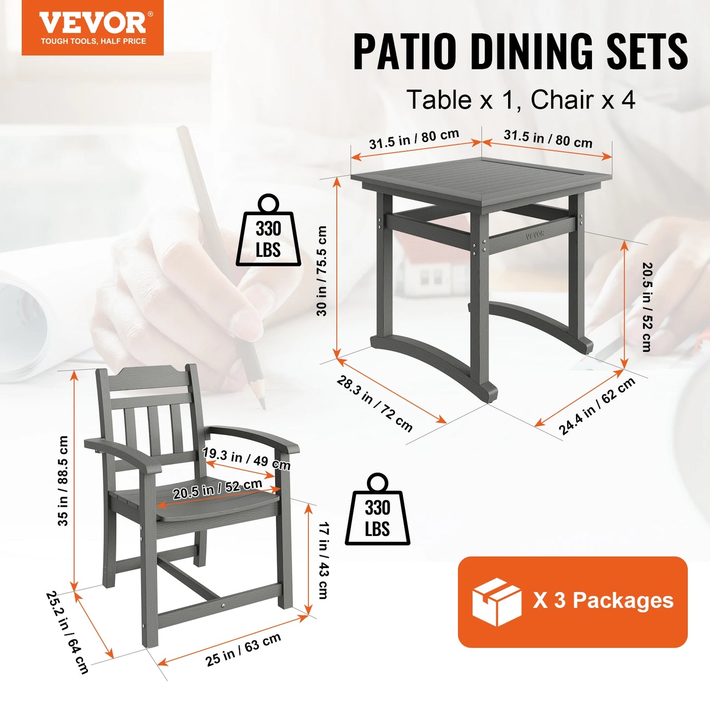 VEVOR 5 Pcs Patio Dining Set Outdoor Square Furniture Table Chairs