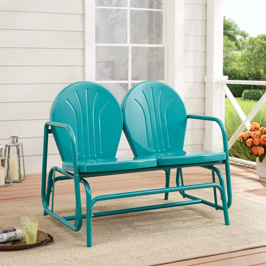 Retro Teal Outdoor Steel Glider Loveseat