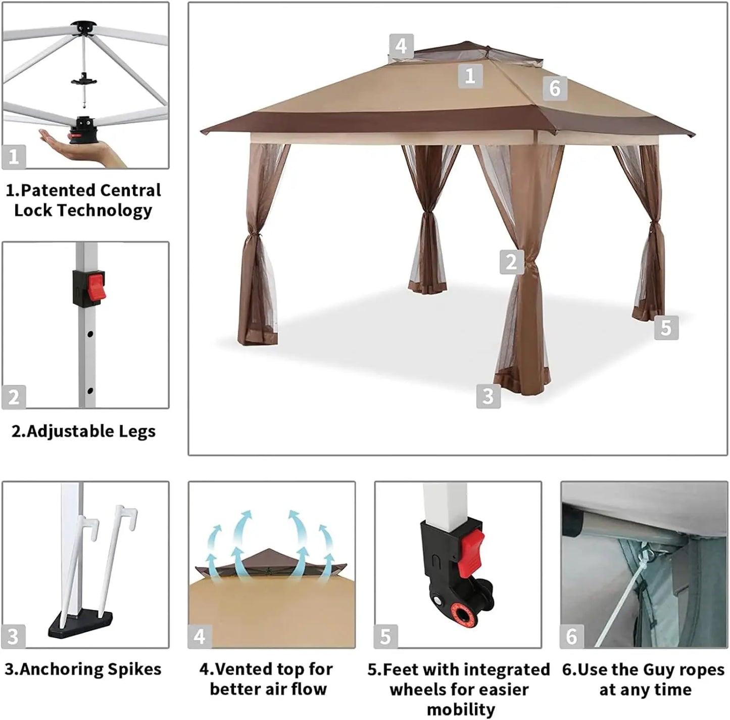 Effortless Elegance: 13x13 Pop-Up Gazebo with Patented Center Lock, 10x10 Base, Quick Setup