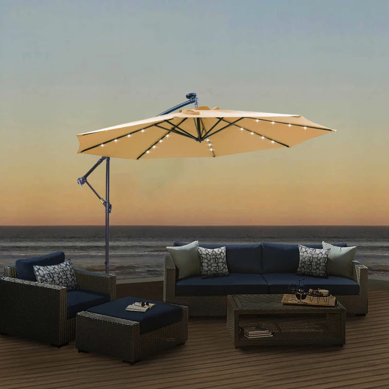 Solar LED Cantilever Patio Umbrella: 10ft Offset, Easy Open, Adjustable, 32 LED Lights - Taupe