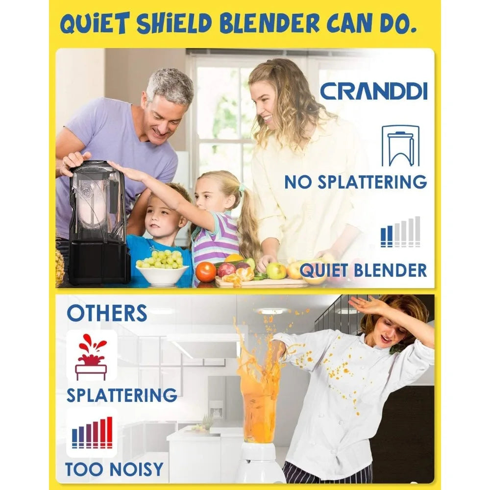 Quiet Commercial Blender with Soundproof Shield, 2200 Watt Professional Blenders for Kitchen