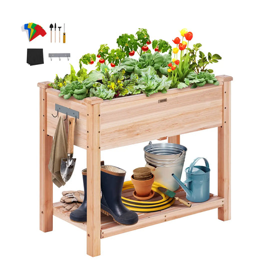 Elevated Wooden Garden Bed with Sturdy Legs, Non-Woven Liner, and Tool Set: Raised Planting Stand