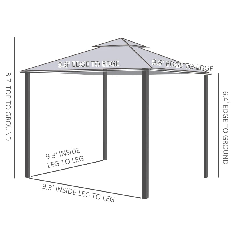 9.6'x9.6' Terrace Gazebo: 2-Tier Roof Canopy, Steel Frame, Mosquito Net, Grey, Outdoor Party Tent