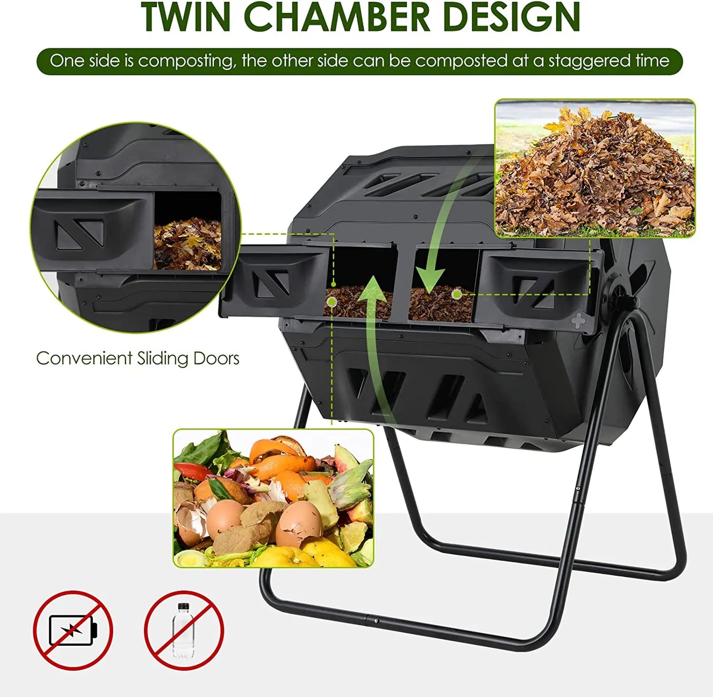 Premium Double Chamber Tumbling Composter: Large, All-Weather Yard Bin w/ Sliding Door & Ventilation