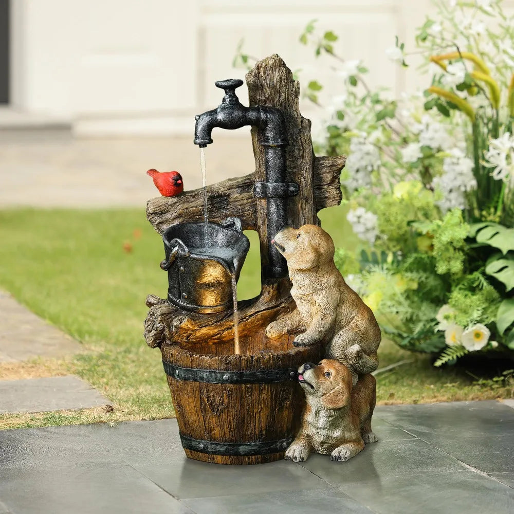 3 Tiered Puppies & Water Pump Resin Outdoor Fountains and Waterfalls, w/ LED Light