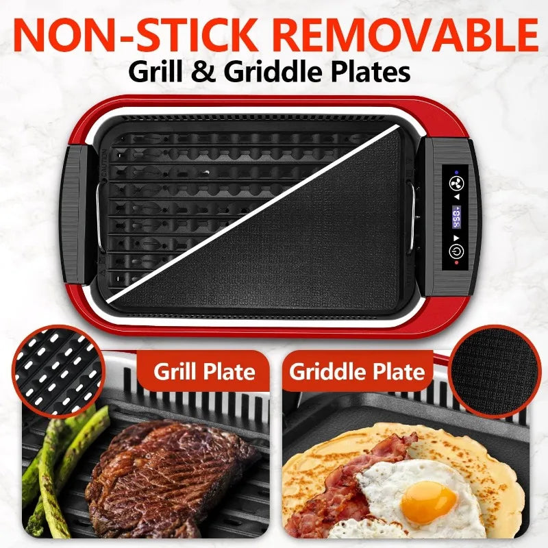 Indoor Smokeless Grill: Electric Griddle, 1500W Korean BBQ with LED Display & Tempered Glass Lid