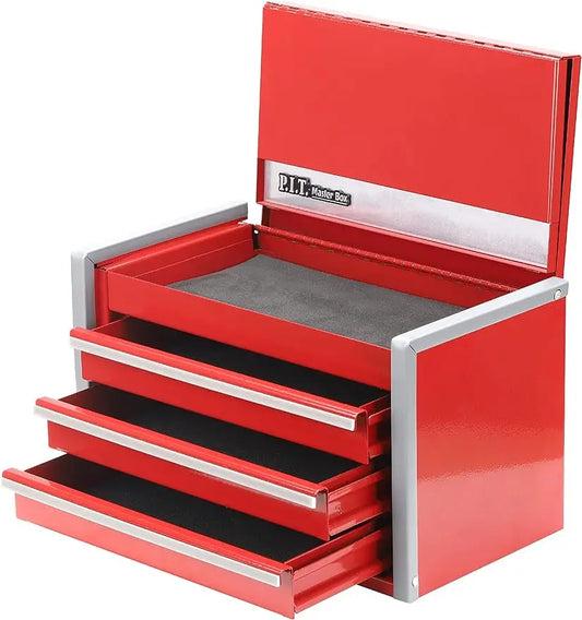 Mini Red Tool Box: Portable 3-Drawer Steel with Magnetic Tab Locking, Red Micro Top Chest for Tools