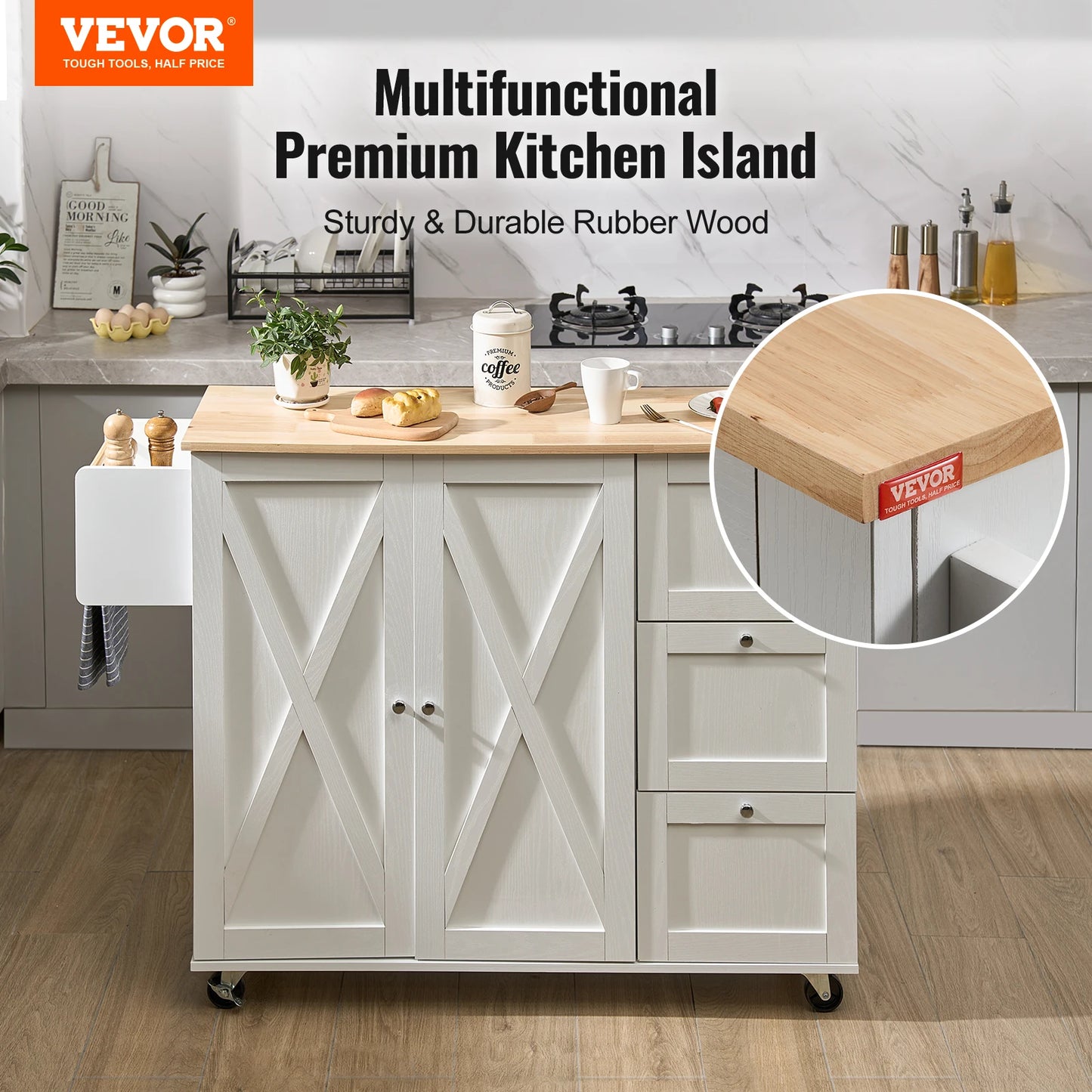 VEVOR White Mobile Kitchen Island: 2-Door, 3-Drawer Cart w/ Rubber Wood Desktop & Rolling Wheels