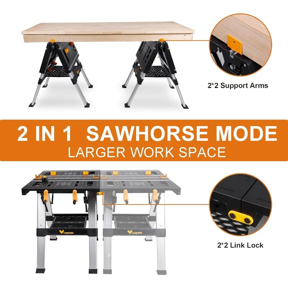 Portable Workbench & Sawhorse, 440Lbs/1000Lbs Capacity Heavy Duty Folding, 21.5"-32.5" Adjustable Height