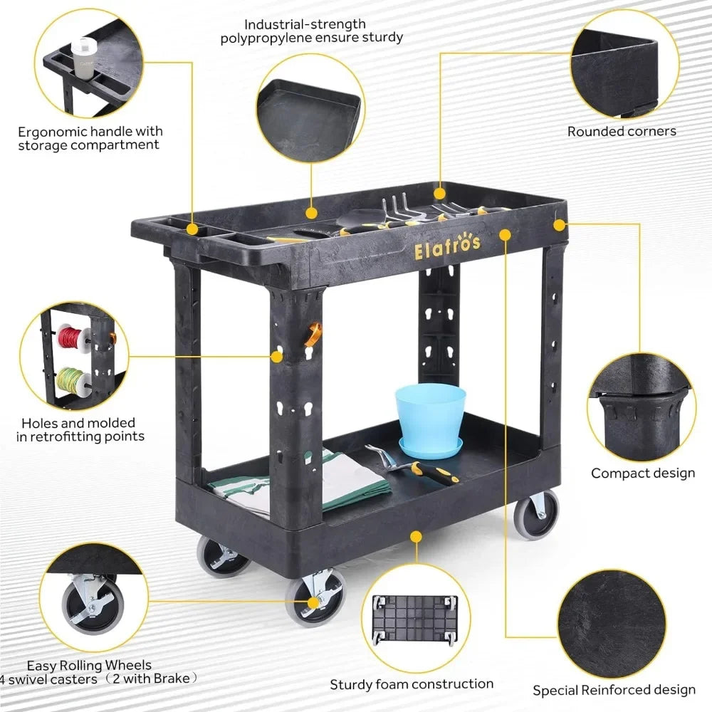 Heavy-Duty Plastic Utility Cart: 34x17", Deep Shelves, Swivel Wheels, Holds Heavy Loads Safely