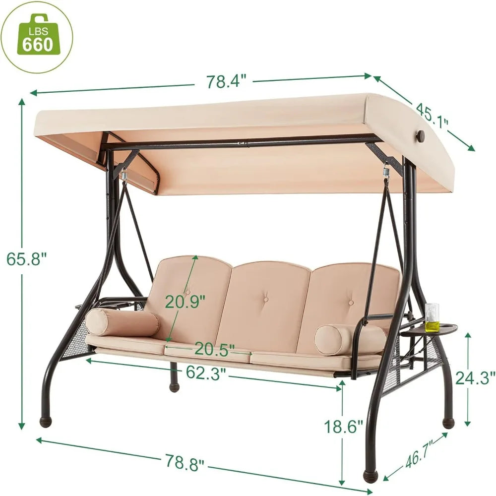 3-Seat Porch Swing Glider Chair W/Canopy, Adjustable Backrest, Cushions, Pillows & Cup Holders