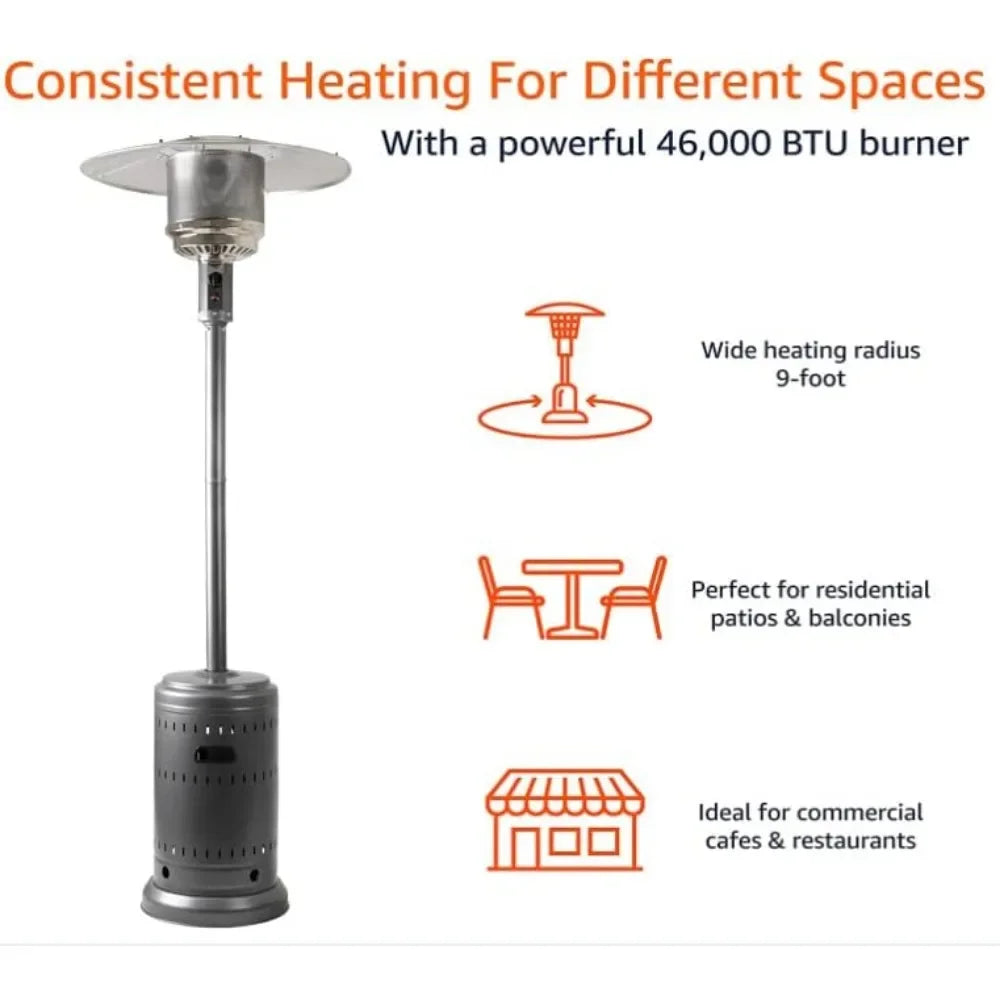 Slate Gray Outdoor Propane Patio Heater: 46,000 BTU Commercial & Residential Heating with Wheels