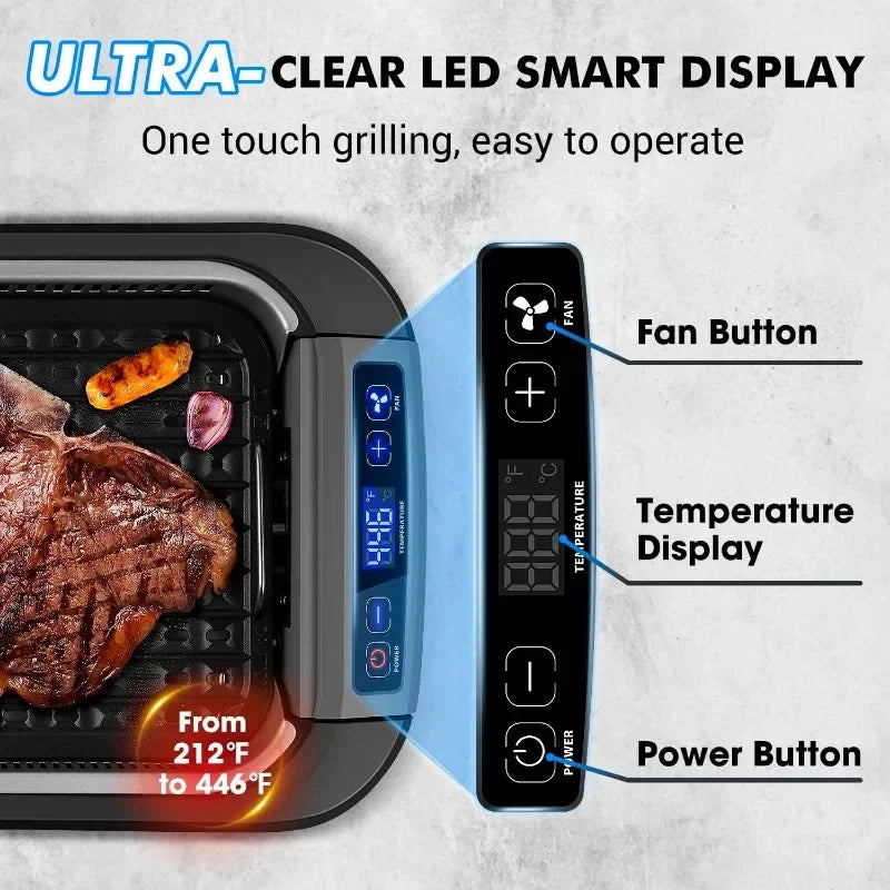 Smokeless Indoor Grill, 1500W Electric Grill w/ LED Smart Display & Tempered Glass Lid, Non-stick