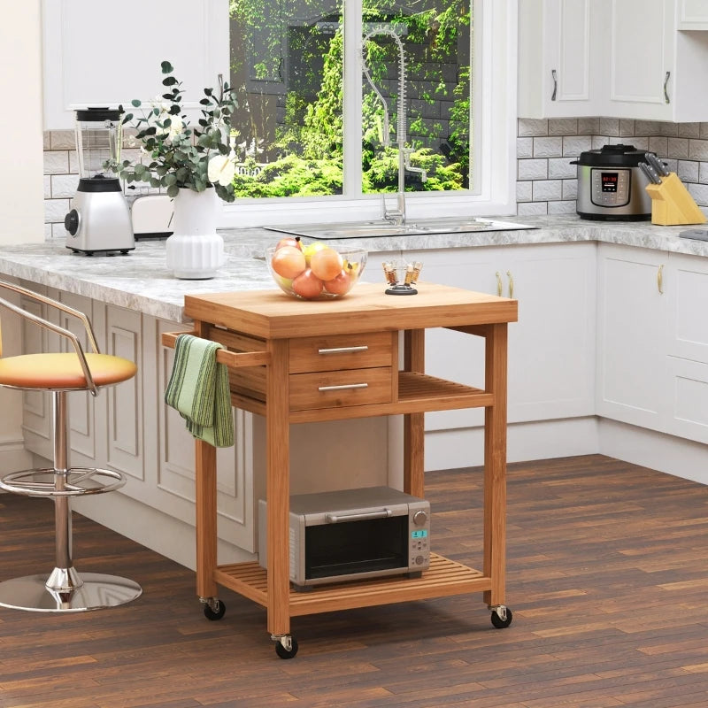 Bamboo Kitchen Island Trolley: Rolling Utility Cart w/ 2 Drawers, Adjustable Shelving & Wheels