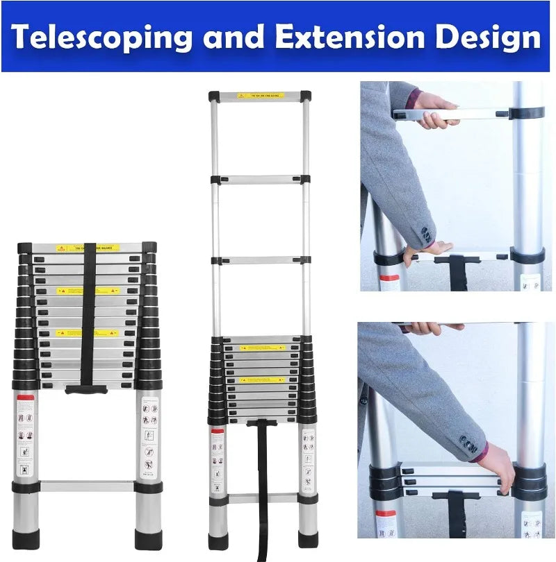 20ft 6.2M Aluminum Telescoping Ladder, w/ 2 Detachable Hooks, Anti-Slip Rubber Feet, 330lbs Max Capacity