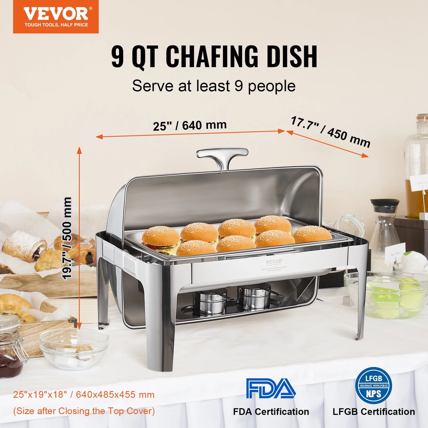 VEVOR Roll Top Chafing Dish Buffet Set 8 Qt Stainless Steel with Full Size Pan Rectangle with Lid