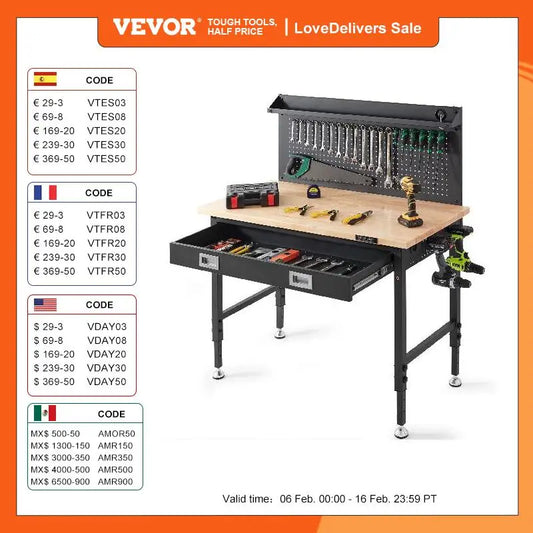 VEVOR 2000lbs Hardwood Workbench Heavy Duty Oak Plank Carbon Steel with 3m Cable 30 Hooks - Link Logical Mall