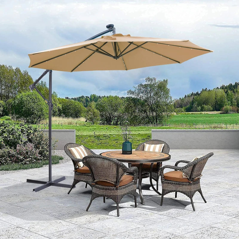 Solar LED Cantilever Patio Umbrella: 10ft Offset, Easy Open, Adjustable, 32 LED Lights - Taupe