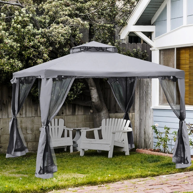 9.6'x9.6' Terrace Gazebo: 2-Tier Roof Canopy, Steel Frame, Mosquito Net, Grey, Outdoor Party Tent