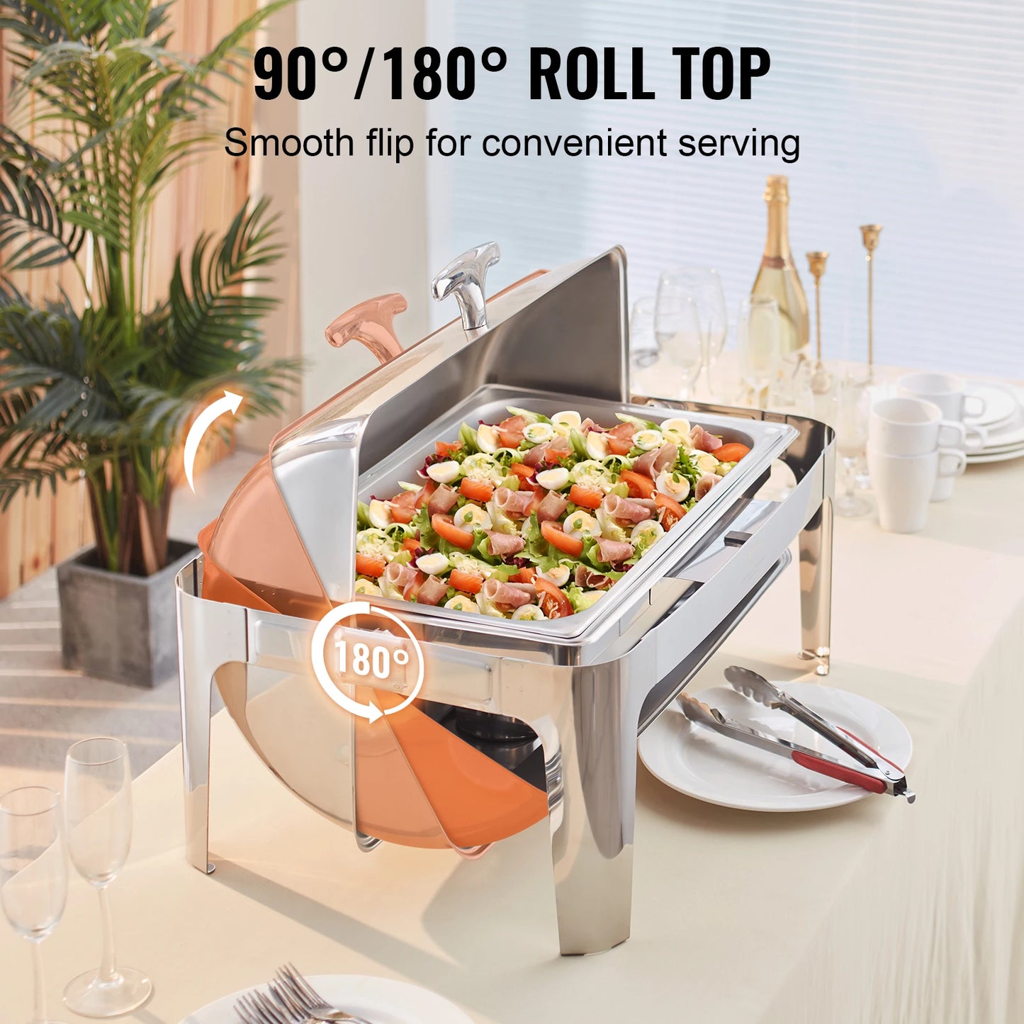 VEVOR Roll Top Chafing Dish Buffet Set 8 Qt Stainless Steel with Full Size Pan Rectangle with Lid