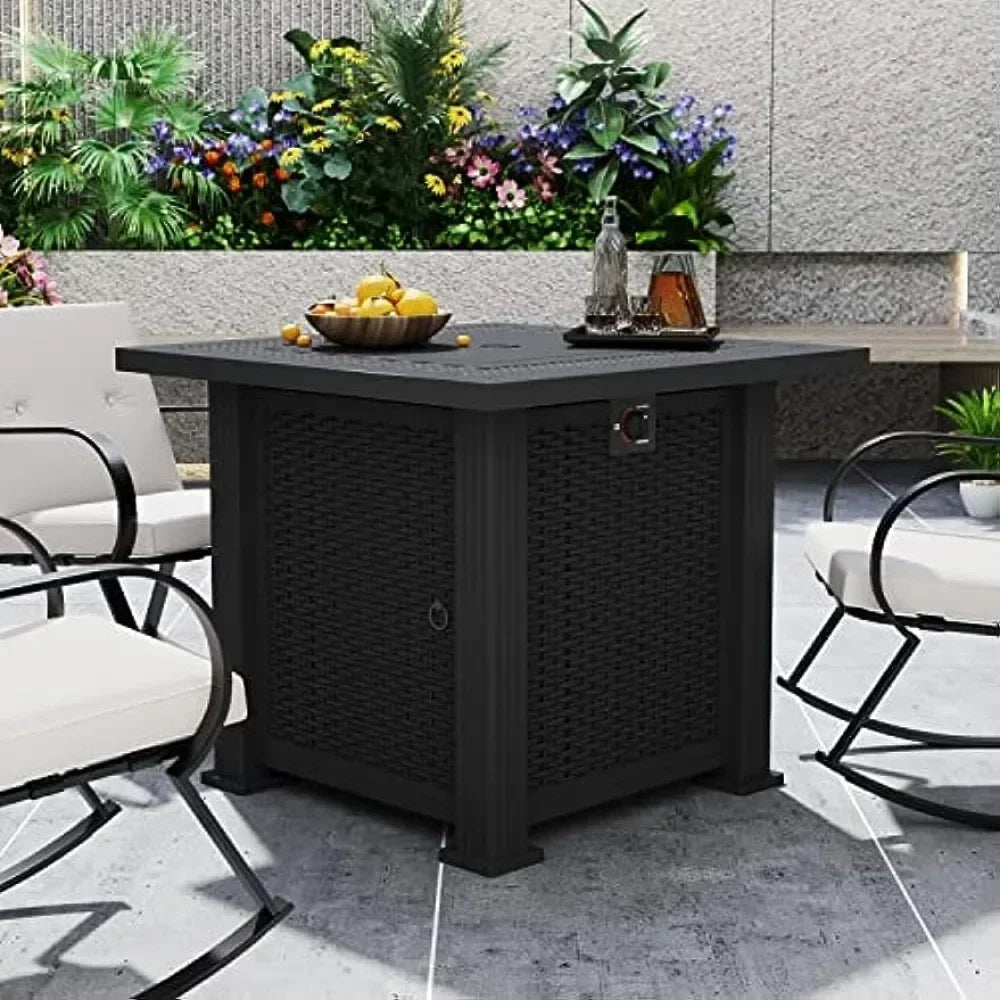 28 Inch Outdoor Gas Fire Pit Table - 50,000 BTU Steel Propane Firepit with Lid, Lava Rock