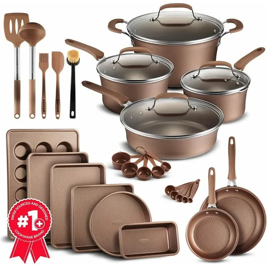 Cookware Set – 23 Piece –Gold Multi-Sized Cooking Pots with Lids, Skillet Fry Pans and Bakeware