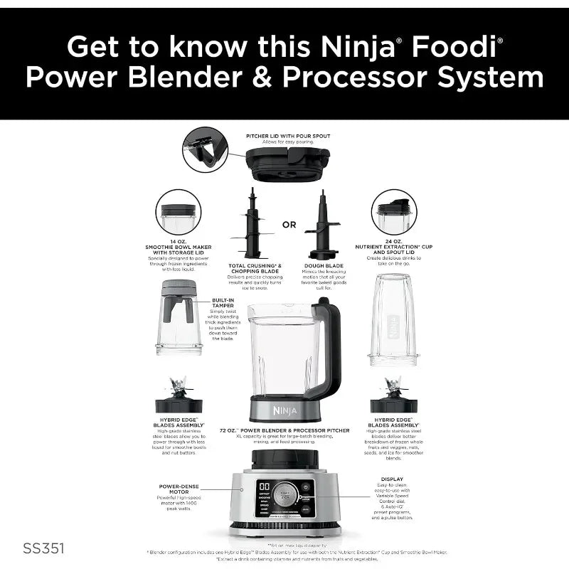 Ninja SS351 Foodi Power Blender & Processor System 1400 WP Smoothie Bowl Maker 6 Functions for Bowls