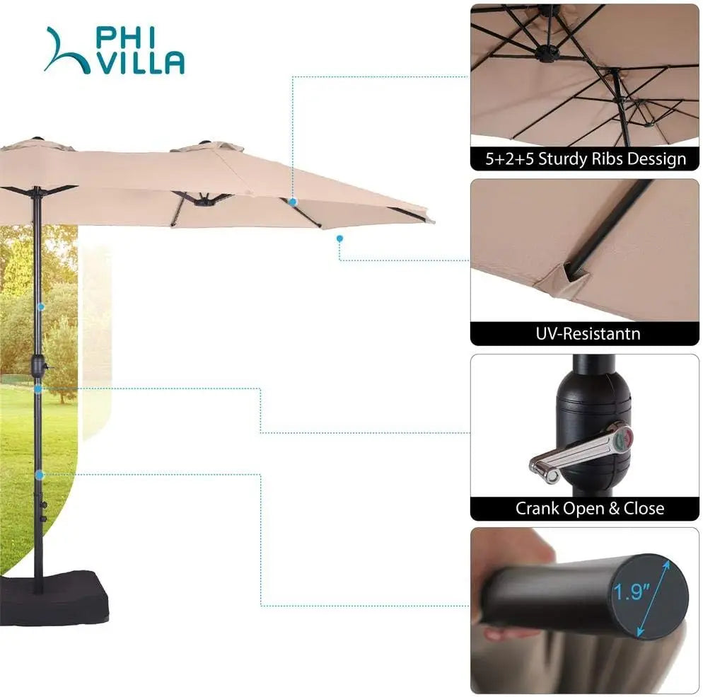 15ft Large Patio Umbrella Double-Sided Outdoor w/ Crank, Umbrella Base (Stand) Included