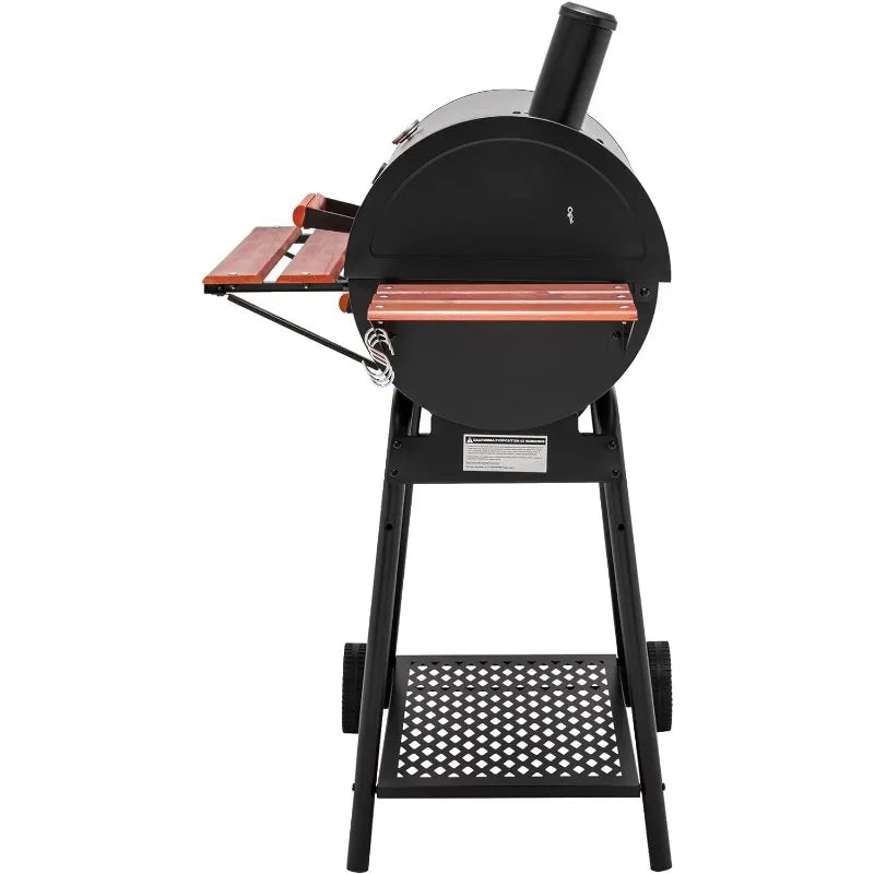 30 Barrel Charcoal Grill with Wood-Painted Side Front Table, 627 Square Inches Cooking Space