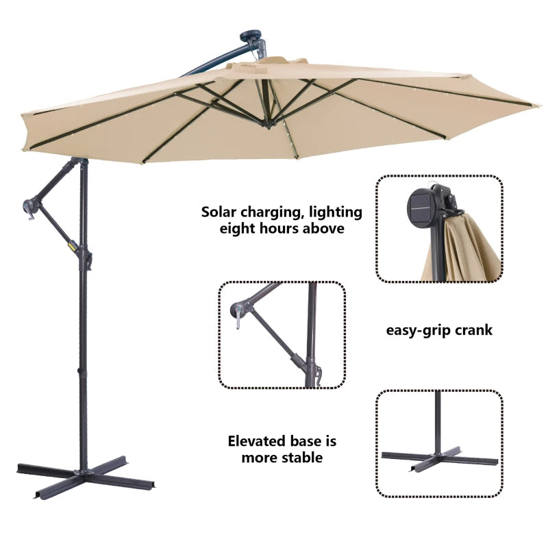 10FT Solar LED Cantilever Umbrella: Easy Open, Offset Design, 32 LED Lights