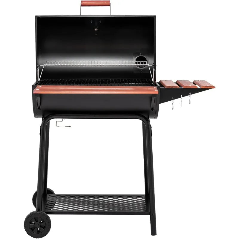 30 Barrel Charcoal Grill with Wood-Painted Side Front Table, 627 Square Inches Cooking Space