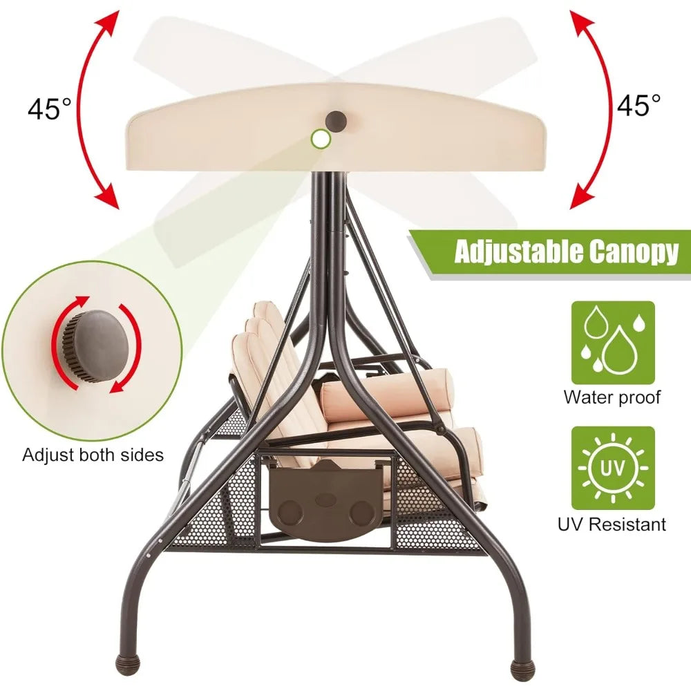 3-Seat Porch Swing Glider Chair W/Canopy, Adjustable Backrest, Cushions, Pillows & Cup Holders