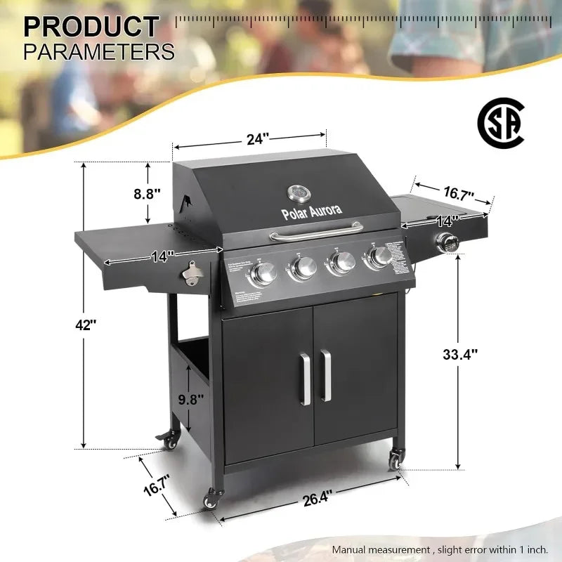 4-Burner Propane Gas Grill: Freestanding Cart with Side Burner, Wheels for Outdoor Barbecue