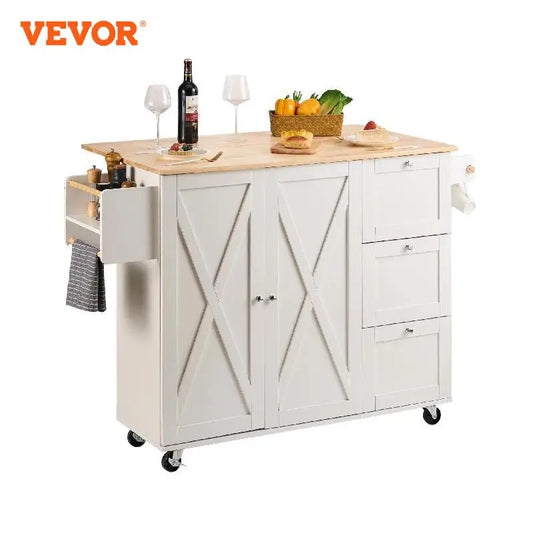 VEVOR White Mobile Kitchen Island: 2-Door, 3-Drawer Cart w/ Rubber Wood Desktop & Rolling Wheels