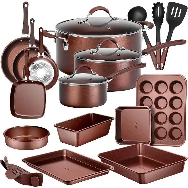 Complete 20-Piece Professional Cookware & Bakeware Set: Non-Stick Kitchenware w/ Cool-Touch Handles