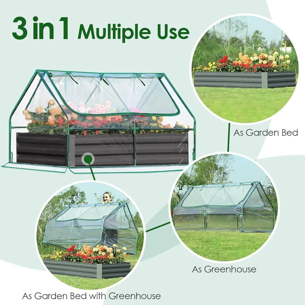 6x3x1ft Galvanized Raised Garden Bed with Cover w/ 2 Large Screen Windows Mini Greenhouse 20pcs - Link Logical Mall