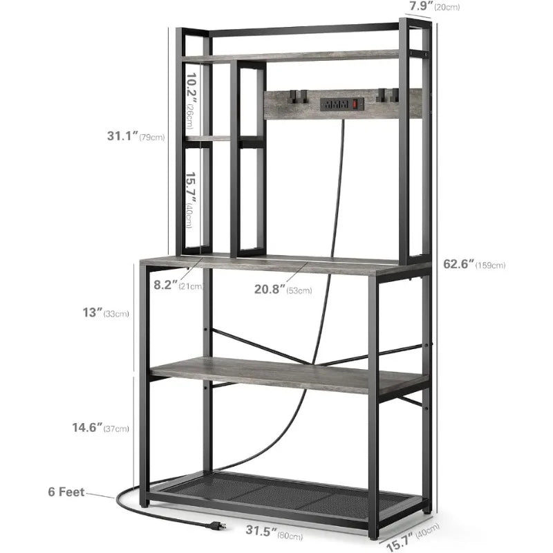 31.5 Inch Bakers Rack with 3 Power Outlets, 5 Tiers Microwave Stand with Storage, Heavy Duty