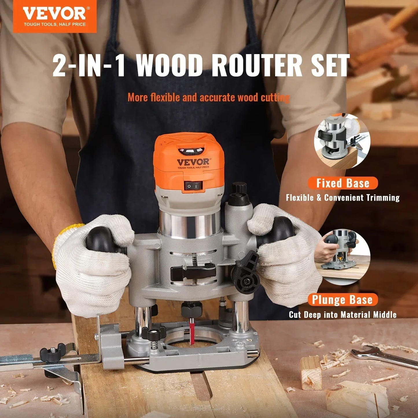 VEVOR 1.25HP Compact Wood Router: 800W Trimmer Combo Tool, 6 Speeds, 30000RPM