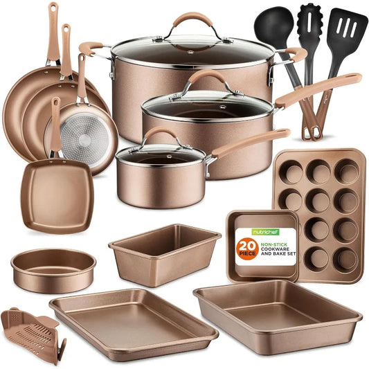 Complete 20-Piece Professional Cookware & Bakeware Set: Non-Stick Kitchenware w/ Cool-Touch Handles