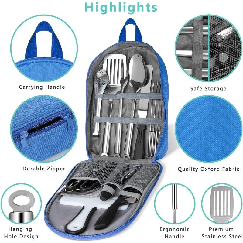 Portable Camping Kitchen Utensil Set, 27-Piece Stainless Steel Outdoor Cooking