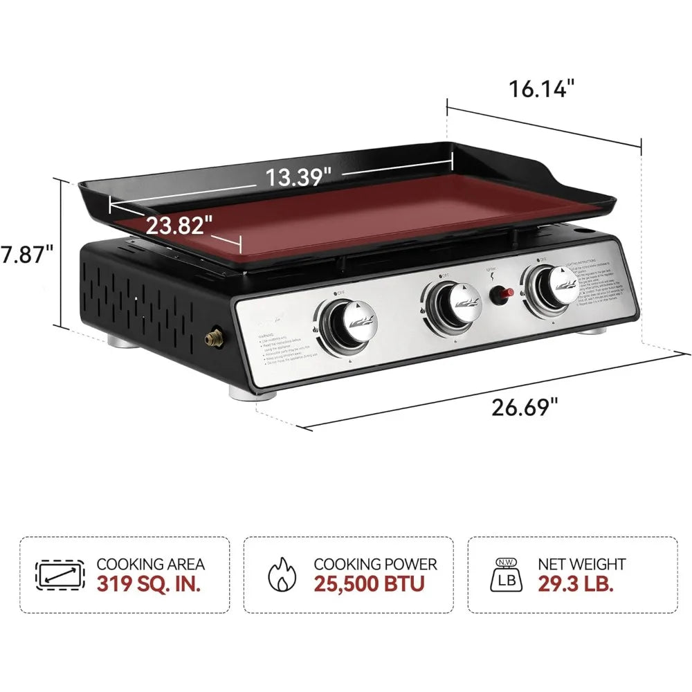 PD1301S Portable 24" 3-Burner Gas Grill Griddle with Cover